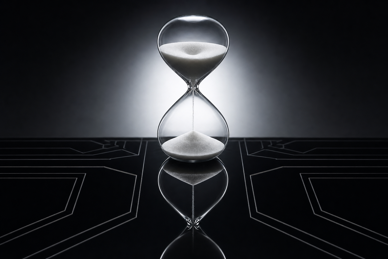 Hourglass on a black mirror surface representing time saved with AI