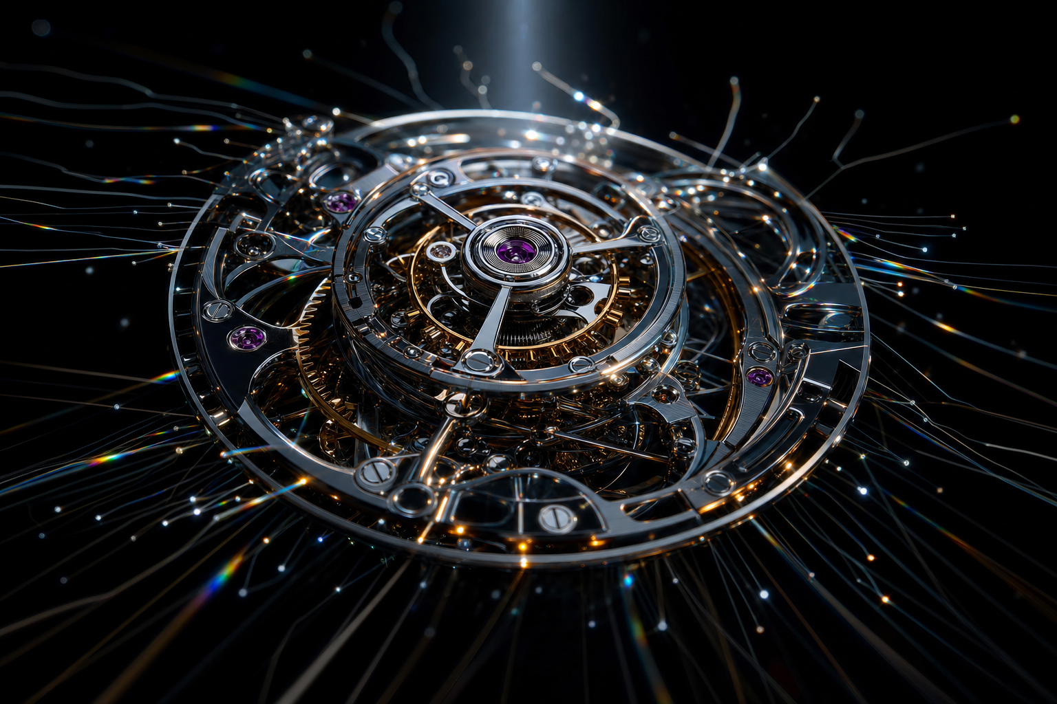 Dramatic macro photograph of a chrome mechanical watch movement back-lit in pure black, representing AI automation and time saving